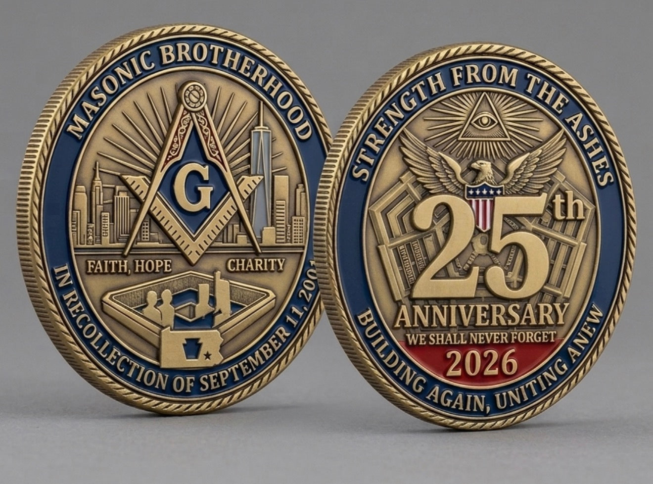 Masonic Brotherhood 25th Anniversary Coin — In Memory of September 11, 2001