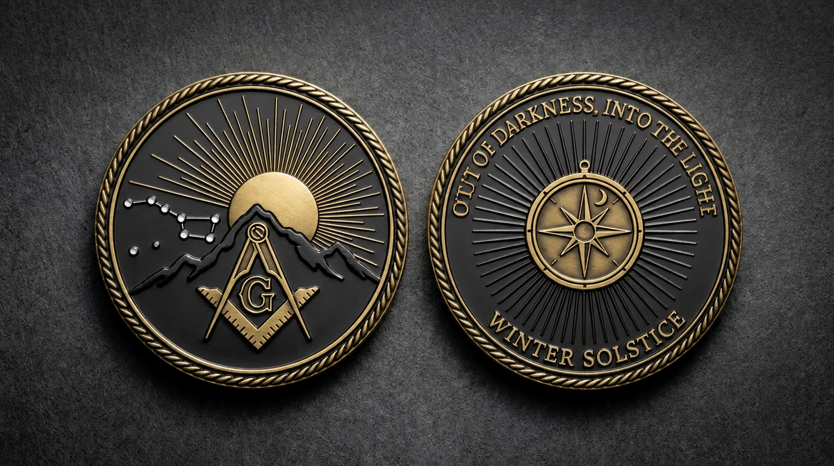 Out of Darkness, Into the Light Winter Solstice Masonic challenge coin, front and back concept render
